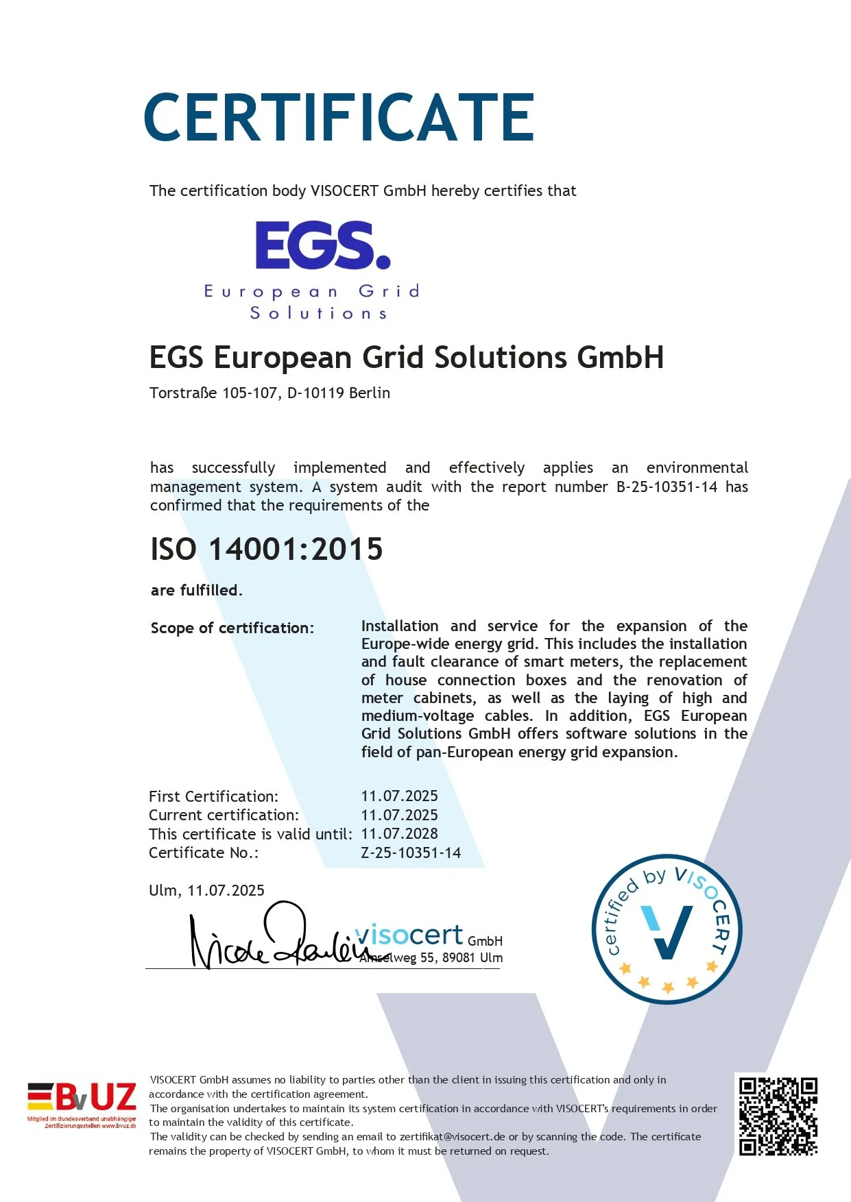ISO-14001-Zertifikat der EGS European Grid Solutions GmbH: Umweltmanagement