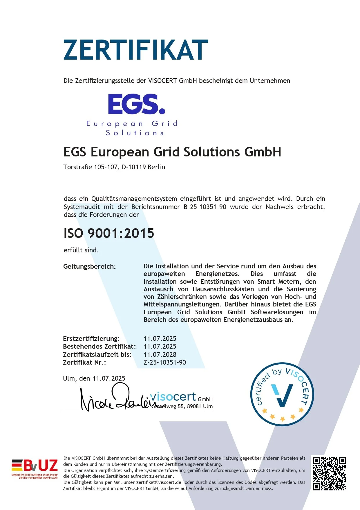 ISO-9001-Zertifikat der EGS European Grid Solutions GmbH: Qualitätsmanagement
